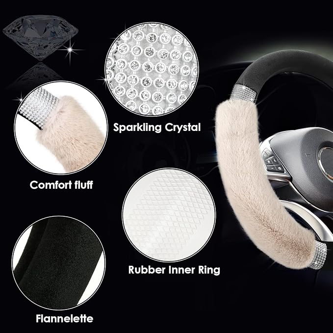 Steering Wheel Cover, Fluffy, Universal Rhinestone, Comfortable, Non-Slip Luxurious Faux Wool,Bedazzled Car Accessories for Women, Fits for 14.5 to 15 Inch