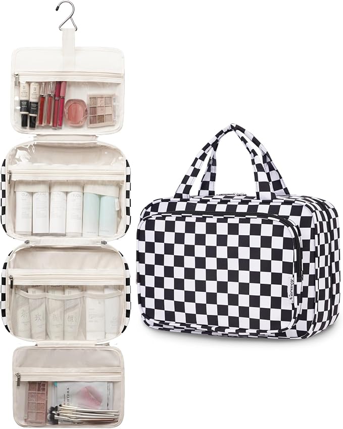Travel Toiletry Bag for Women Large Hanging Makeup Bag Organizer Toiletries Bag for Full Size Essentials Accessories Cosmetics (Black Checkerboard (Large))