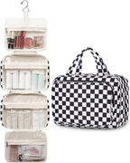 Travel Toiletry Bag for Women Large Hanging Makeup Bag Organizer Toiletries Bag for Full Size Essentials Accessories Cosmetics (Black Checkerboard (Large))
