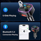 Bluetooth 5.4 FM Transmitter Car Adapter 48W (PD 36W & 12W) [Light Switch] [HiFi Bass Sound] [Fast Charging] Wireless Radio Music Adapter LED Display Hands-Free Calling Support USB Drive