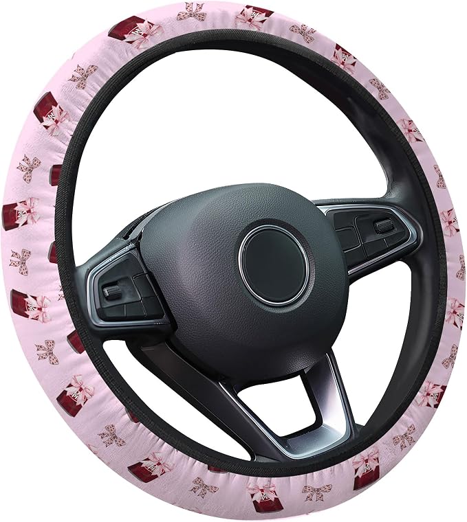Retro Red Soda Bow Steering Wheel Cover, Polyester Non-Slip Car Wheel Grip, Universal 15 Inch Auto Accessory