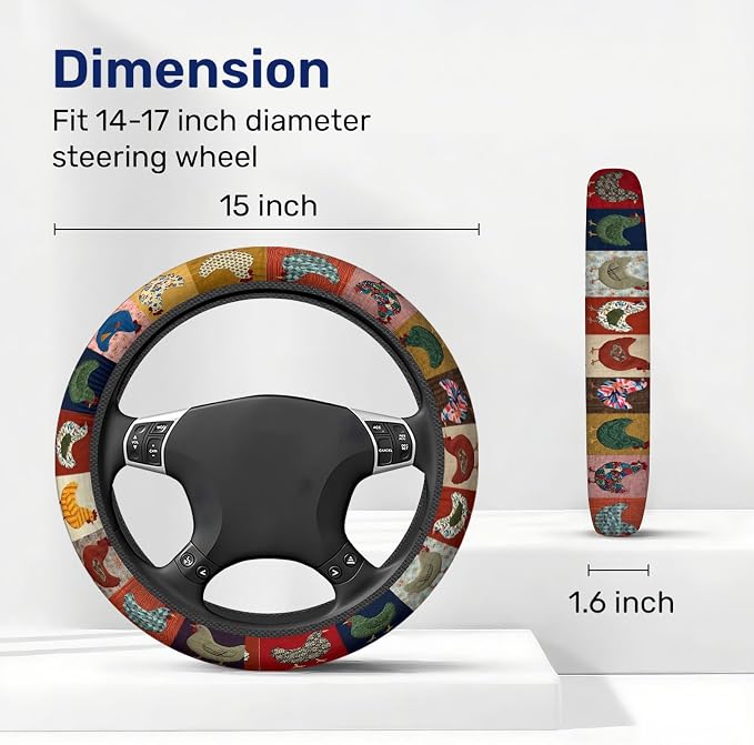 Chicken Patchwork Steering Wheel Cover, Polyester Non-Slip Car Wheel Grip, Universal 15 Inch Auto Accessory