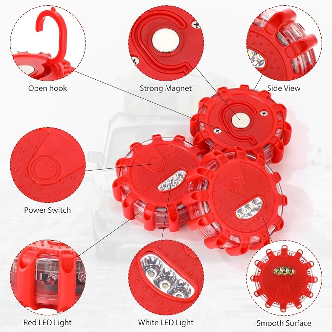 12 Pack LED Road Flares Emergency Lights Roadside 9 Flash Modes Warning Car Safety Beacon Magnet Hook Flashing Disc Flare Kit for Vehicles Car Truck Boats Holiday Gift(Red)