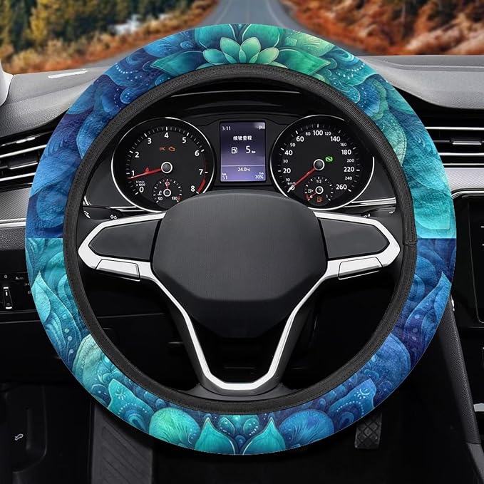 Green Bohemian Flower Steering Wheel Protection for Automotive Steering Wheel Covers, Sweat Absorption Comfort Grip for Driver Women Men