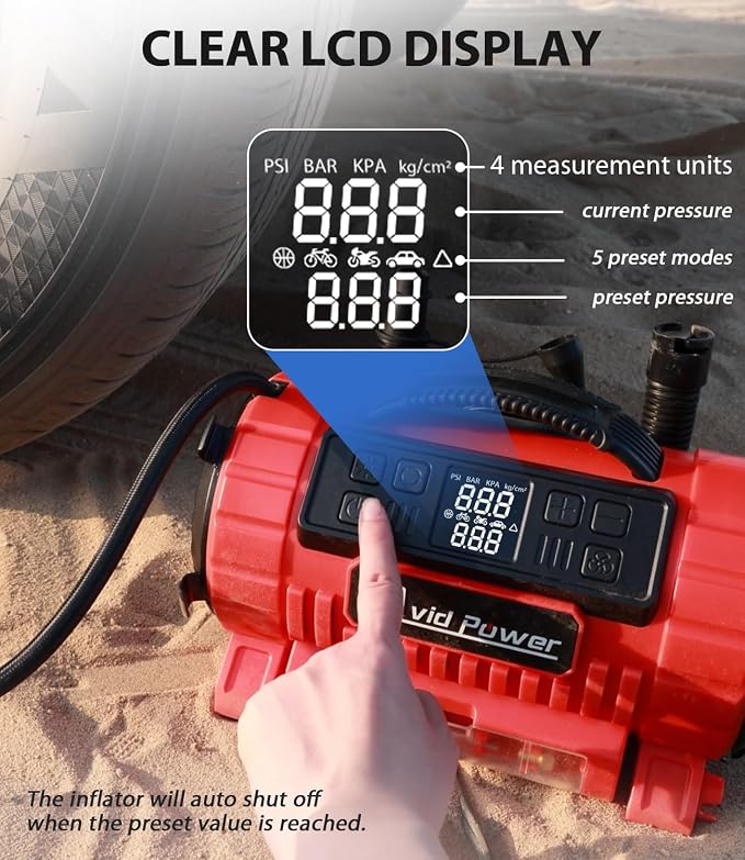 Tire Inflator Portable Air Compressor, 12V DC/110V AC Car Tire Pump with Inflation and Deflation, 5 Preset Modes, Digital LCD Gauge for Car Tires, Bike, and Air Mattress (Dark Red)