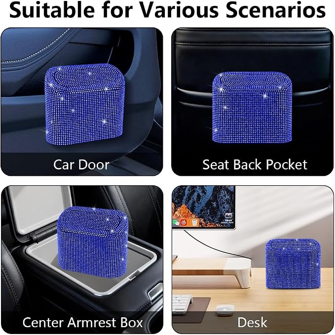Car Trash Can with Lid, Mini Vehicle Trash Bin Car Dustbin Garbage Organizer,Bling Crystal Automotive Garbage Can Bin Trash Container for Auto Cars, Home, Office,Deep Blue