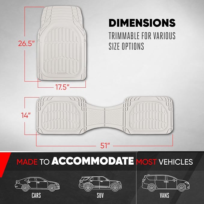 FlexTough LITE Rubber Car Mats Full Set - All Weather White Floor Mats for Trucks, Cars & SUVs - Automotive White Car Floor Mats for Cars Interior Accessories Universal Trim-to-Fit