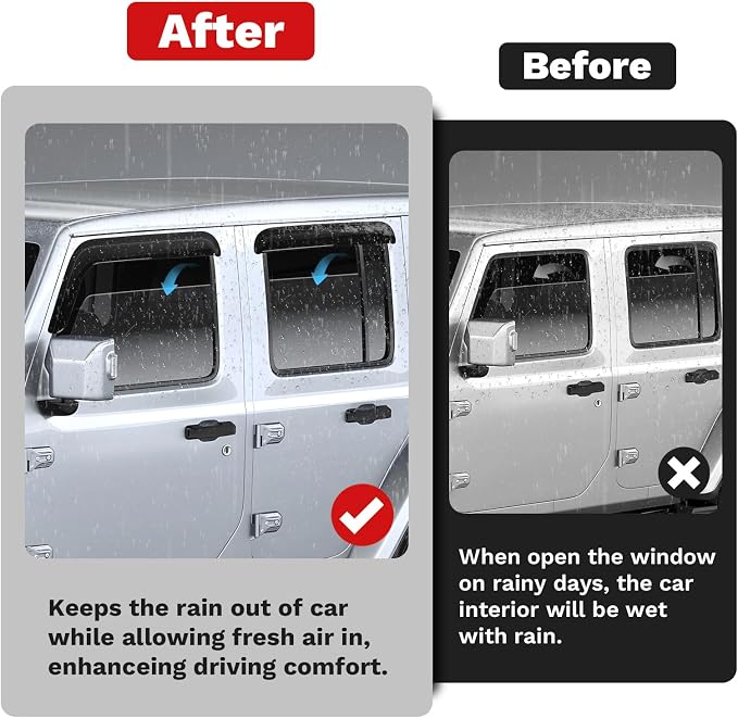 Wrangler JL Rain Guards - Window Visors for Jeep Wrangler JL 2018-2025 2026, Outside-Mount Tape-On Side Window Wind Deflectors for Wrangler JL Accessories, Vent Visors Shades Rainproof 4PCS