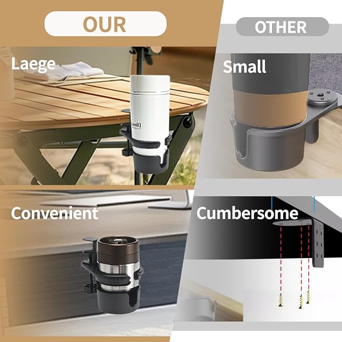 360° Rotating Cup Holder Under Desk Anti Spill Space Saving for Home Office Camping for Mugs, Glass, Heavy Drink