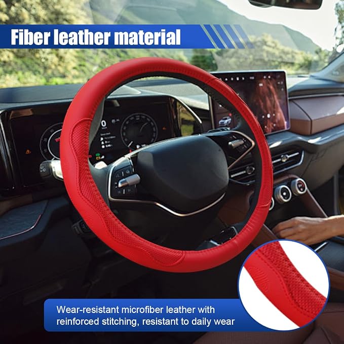15 Inch Leather Car Steering Wheel Cover for SUV, Truck, Red | Anti-Slip Breathable Automotive Steering Wheel Protector, Universal Heat Resistant Vehicle Interior Accessories
