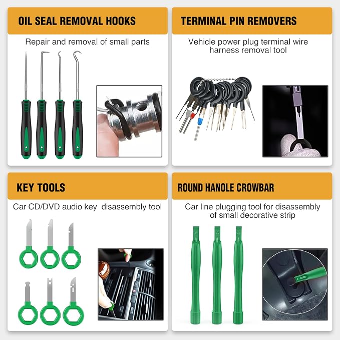 330Pcs Trim Removal Tool, Auto Push Pin Bumper Retainer Clip Set Fastener Terminal Remover Tool Adhesive Cable Clips Kit Car Panel Radio Removal Auto Clip Pliers, Green