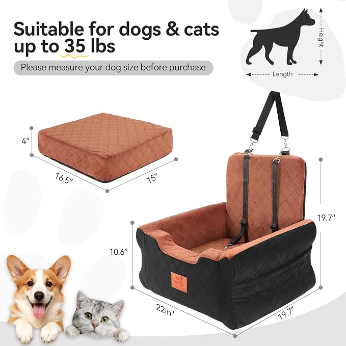 Dog Car Seats for Small/Medium Dogs, Elevated Memory Foam Dog Booster Seat, Detachable Washable Pet Car Seat with Safety Belts & Storage Pockets (Black-Brown)