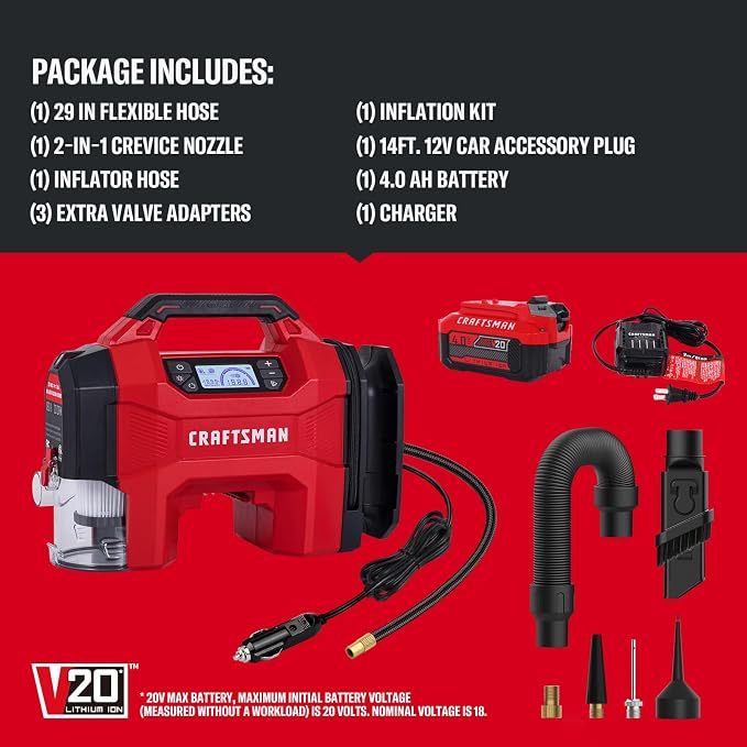 3-in-1 Cordless Portable Tire Inflator 160 PSI Air Compressor, 4.0Ah Battery & 12V Charger, Car Vacuum, Dust Blower & LED Light for Car, Bike, Ball, Inflatable Mat & SUP