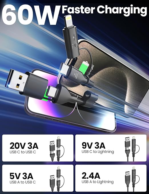 Coiled USB-C and Lightning Cable 2-in-1, 3FT iPhone 17 16 Car Charger Cord, 60W Fast Charging Cable for iPhone 15, Samsung Galaxy Supports Apple CarPlay & Android Auto