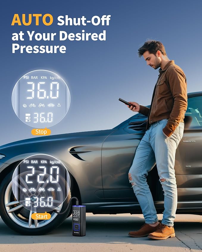 Cordless Tire Inflator 150PSI Portable Air Compressor with Auto Shutoff, Air Pump for Car Tires, Motorcycle, Bike, Balls, Inflatables, LED Light, Blue, Large Capacity