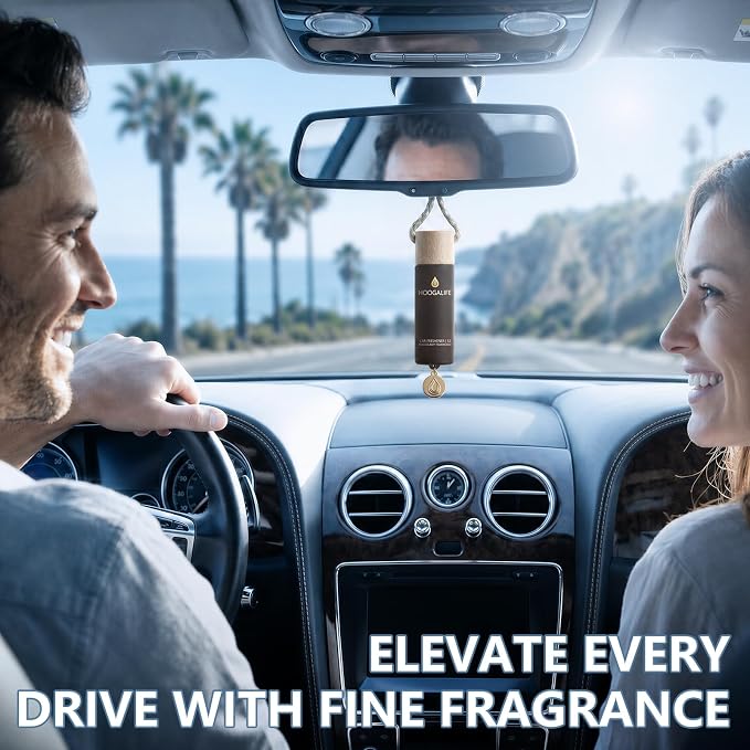 Car Air Freshener 2 Pack, Mahogany Teakwood Hanging Diffuser, 45+ Days Long Lasting Scent, Refillable Bottle, Odor Control for Auto Interior, Made in USA