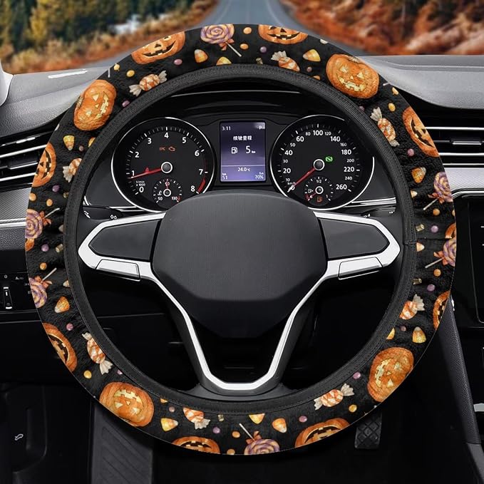 Car Steering Wheel Cover Universal 15 Inch Anti-Slip Neoprene Auto Steering Wheel Protector Halloween Car Accessories Decor for Women Men, Pumpkin Candy