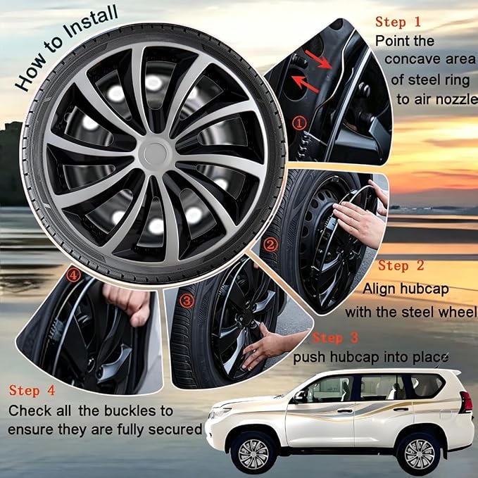 Hubcap Wheel Cover Replacement R16 Hub Caps Universal-Fit Steel Wheel Rim Cover ABS Material Exterior Accessories for Car Truck SUV -Set of 4（16-inch，Silver-Black）