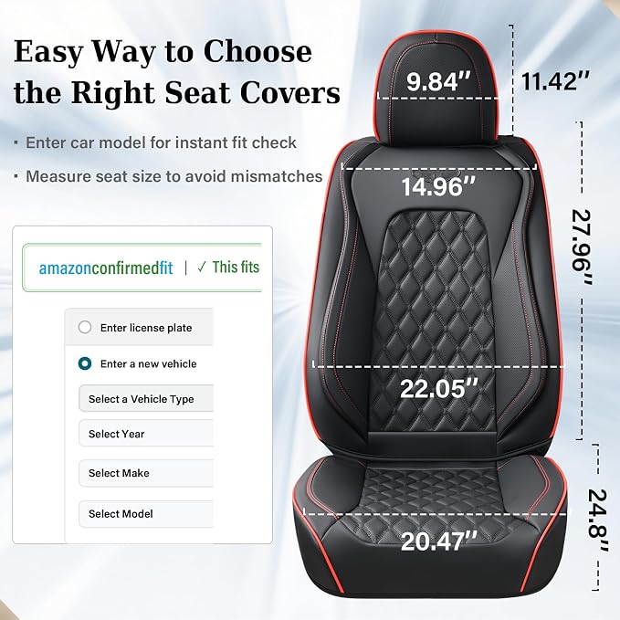 Coverado Full Set Car Seat Covers, Luxury Faux Leather Waterproof Seat Covers, 5-Seat Universal Fit, Front & Back Car Seat Protectors,Leather Seat Covers for Most Cars-Black & Red Line
