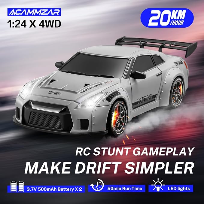 RC Drift Car, 1:24 Remote Control Car for Kids, 20KM/H 4WD High Speed RC Cars with LED Lights, Two Batteries, Extra Drifting Tires, Vehicle for Adults Boys Girls