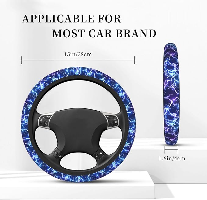 Abstract Blue Cool Lightning Steering Wheel Cover For Women Men Girls Car Accessories Decor Anti-Slip Neoprene Auto Steering Wheel Covers Protector Universal 15 Inch