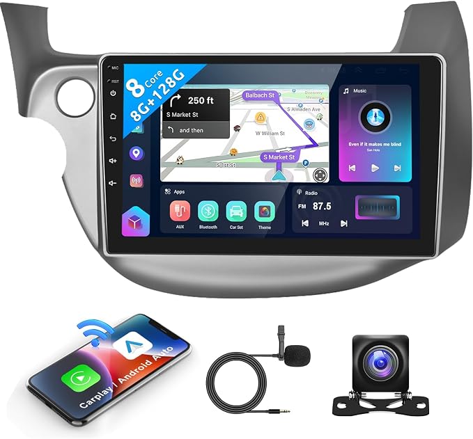 8 CORE 8G+128G Android Car Stereo for Honda Fit 2008-2013 with Wireless Carplay 10.1” Touchscreen Bluetooth 5.0 Car Radio with GPS Navigation, WiFi, Android Auto, DSP, AM/FM/RDS Radio, Backup Camera