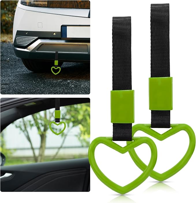 2 Pcs Heart Shaped Car Handle Strap – JD M Drift Charm Rear Bumper Warning Ring Decor for Car Interior Exterior, Subway Bus Handle Accessory, Cute Heart Car Decor Gift for Drivers (Green)