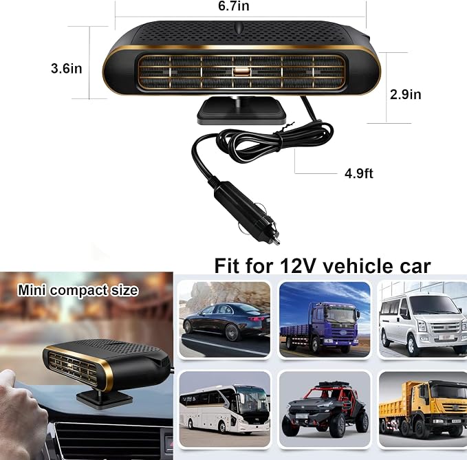 Car Heater,12V Portable Heating & Cooling Fast Heating Defrost Defogger for Car Windshield, Plugs into Cigarette Lighter,Car Defroster Windshield WIth Rotation Stand Holder