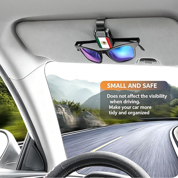 2 Pack Sunglasses Holder for Car, One-Handed-Operation Visor Sunglass Holder Clip, Easy Access Storage for Driving,Universal Fits (Black-Mexican Flag)