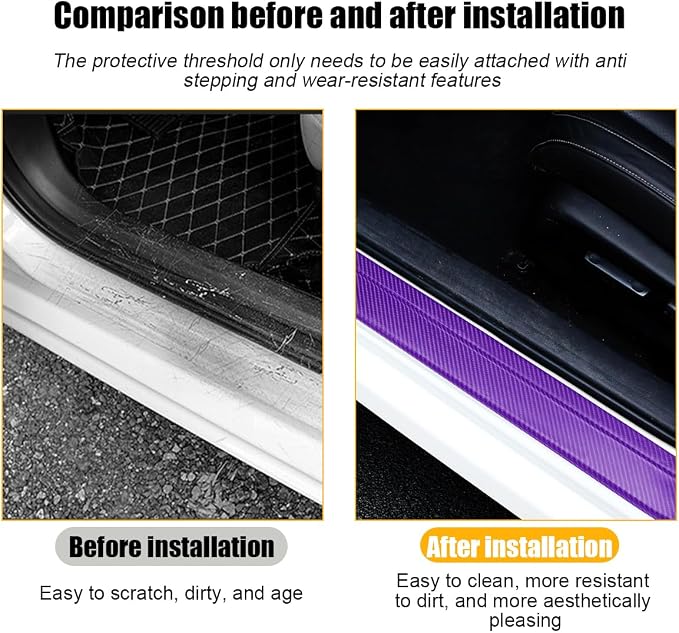4PCS Car Door Sill Protector, 3D Carbon Fiber Vehicle Entry Edge Guard Trim, Anti-Scratch Automotive Threshold Sill Cover Strips Accessories, Universal for SUV, Sedan, Truck (Purple)