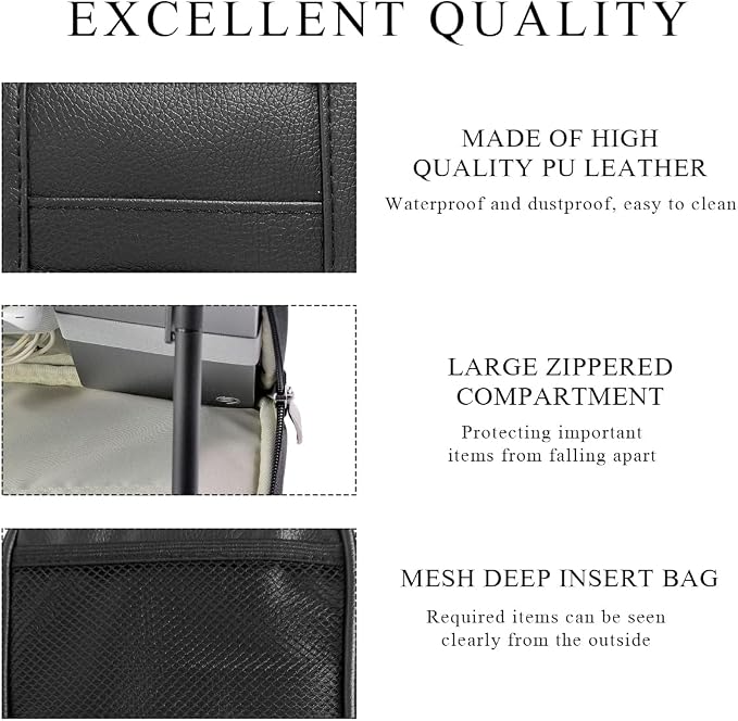 Car Sun Visor Organizer, Double Zipper Leather Visor Storage Pouch with Multi-Pocket, Sunglass Holder Storage Pocket with Elastic Band for Cars SUVs Trucks, Car Accessories (Black)