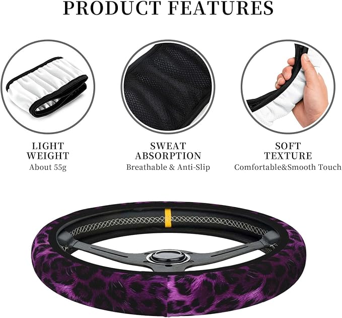 Purple Leopard Print Steering Wheel Cover Leopard Print Steering Wheel Protector Neoprene 15Inch Car Accessories 2 Pcs Car Coasters for Women Men