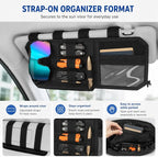 Car Sun Visor Organizer, Black Nylon MOLLE Panel | black nylon pouch with a MOLLE panel, strap-on organizer format, for cards, pens, small tools, and flat accessories