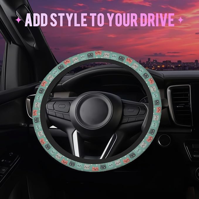 Cute Cat Face Steering Wheel Cover for Women Men Neoprene Breathable Wheel Cover Protector Anti-Slip Car Accessories Universal 15 Inch Fit for Cars Trucks Vehicles