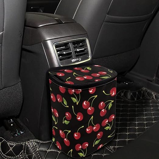 Black Cherry Pattern Car Trash Can with Lid, Leak Proof Auto Trash Bag Hanging Vehicle Garbage Can Multipurpose Storage Container for Back Seat Road Trip