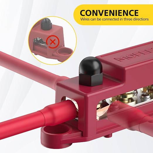 Power Distribution Block Bus Bar, 4 x 3/8" Post Marine Bus Bar Battery Busbar Terminal Block with Cover, Lugs, Ring Terminals (Pair, Red & Black)