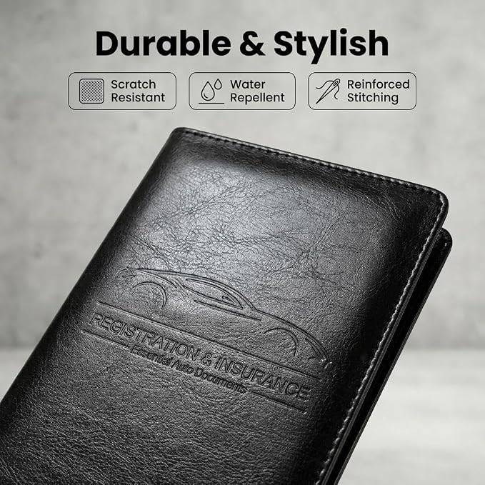 Premium Car Registration & Insurance Card Holder with Magnetic Shut, Vehicle Glove Box Car Organizer - For Documents, Cards, License (Cowhide Black)