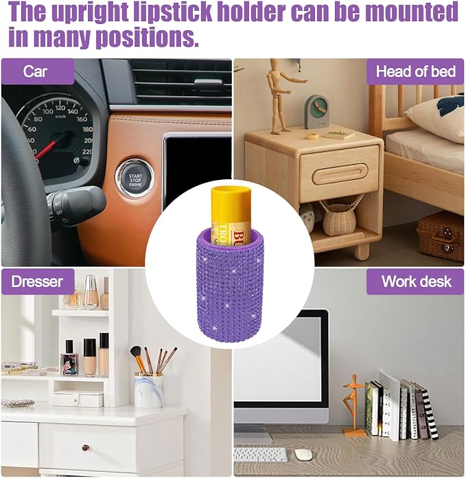 Upright Car Chapstick Holder, Bling Insulating Lip Balm Holder,Rhinestone Car Accessories for Women Interior,Suitable for Most Vehicles. (Purple)