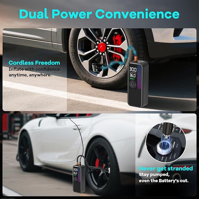 Tire Inflator Portable Air Compressor, 150 PSI Cordless Air Pump, Dual Power 6000mAh, 12V DC Car Plug, Fast Inflation 24L/Min, Auto Shut-Off, LED Light, 4 Preset Modes for Car, Bike, Motorcycle, Balls