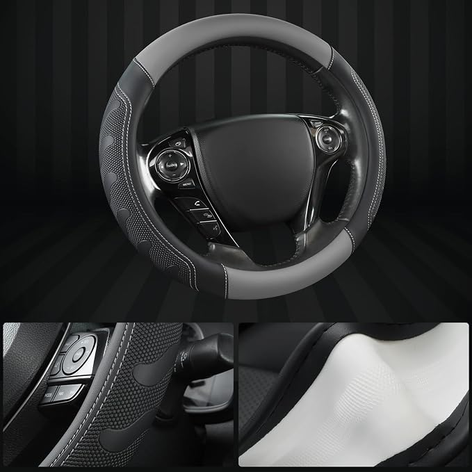 Microfiber Leather Steering Wheel Cover for Honda Accord,Civic,CR-V,HR-V,Pilot(Black+Gray-Standard Size)
