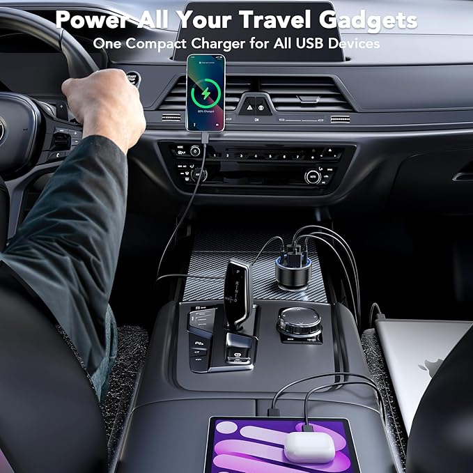 Car Charger USB C Fast Charge, 4 Port 78W Metal Car Phone Charger with Voltmeter, 2 USB-C & 2 USB-A Cigarette Lighter USB Charger Adapter for iPhone 17 16 15 Pro Max, Galaxy S26 S25, iPad