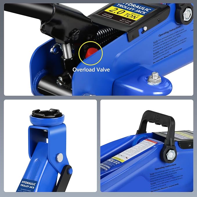 2 Ton Low Profile Floor Jack, 4000 lbs, with Tire Kit, Gloves & Bag – Blue | Steel jack, 4000 lbs, 5.3"-13" lift. Overload valve. Sealed cylinder. Tire kit and bag. For DIYers & mechanics, cars & SUVs.