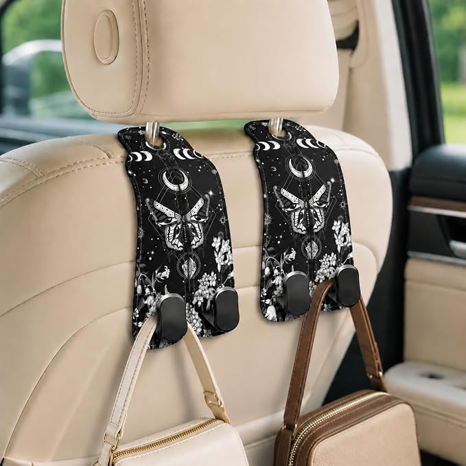 Cute Moon Phase Moth Car Seat Back Storage Headrest Hooks for Purses & Bags – 2PCS PU Leather Dual Metal Hooks, Backseat Organizer Accessories