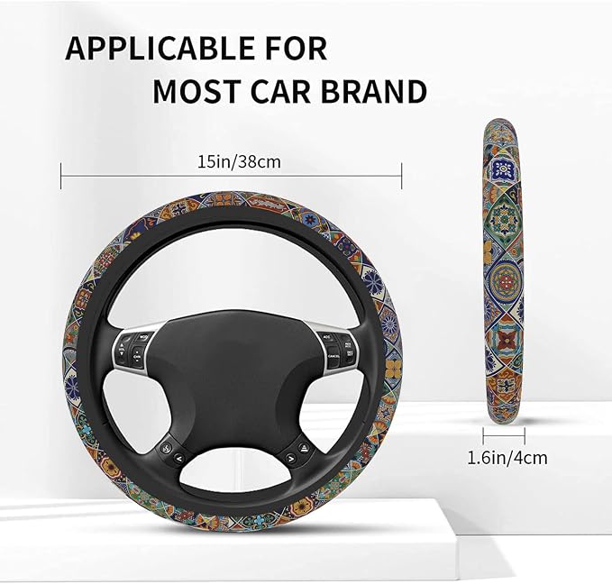 Car Steering Wheel Cover for Women Men, Non-Slip Mexican Talavera Tiles Steering Wheel Protector, Universal 14"-15" Fit for Cars, SUVs, Trucks (Mexican Talavera Tiles)
