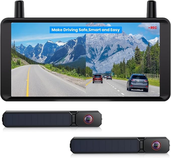 2 Solar Wireless Backup Camera, 6" 16:9 HD Monitor | Dual Antenna Strong Signal, Split Screen View for Balanced Dual Views, DVR Recording Back Up Camera for Car,SUV,Truck,Trailer
