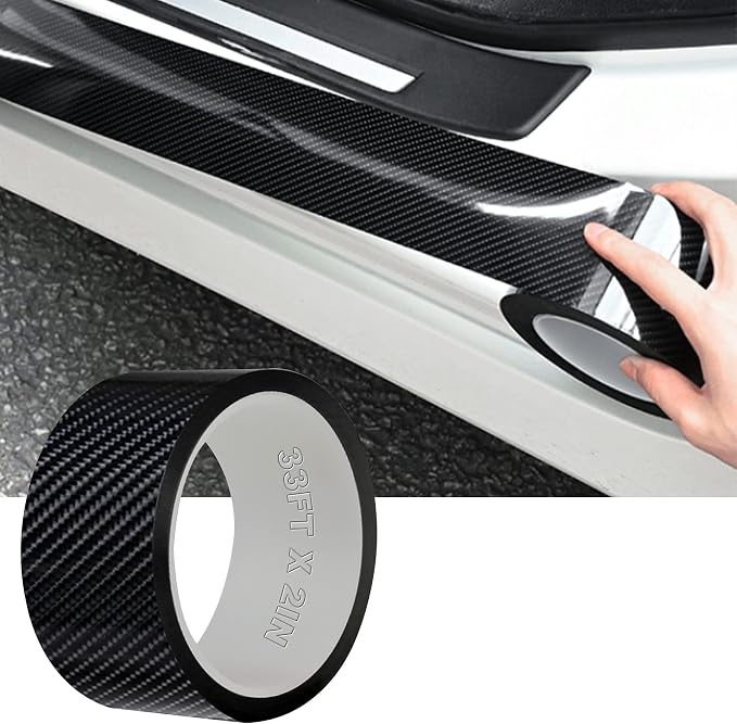 Car Door Edge Guards Carbon Fiber, 5D Gloss Black Vinyl Automotive Entry Sill Protector Wrap Film, Universal Self-Adhesive Auto Door Trim Strips Anti-Collision (33Ft x 2In)