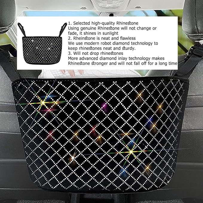 Bling Car Net Pocket Handbag Holder, Rhinestone Vehicle Backseat Purse Organizer Between Seats, Diamond Hanging Storage Bag Barrier of Pet Kids, Universal Automotive Accessories (White)