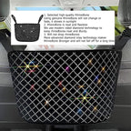 Bling Car Net Pocket Handbag Holder, Rhinestone Vehicle Backseat Purse Organizer Between Seats, Diamond Hanging Storage Bag Barrier of Pet Kids, Universal Automotive Accessories (White)