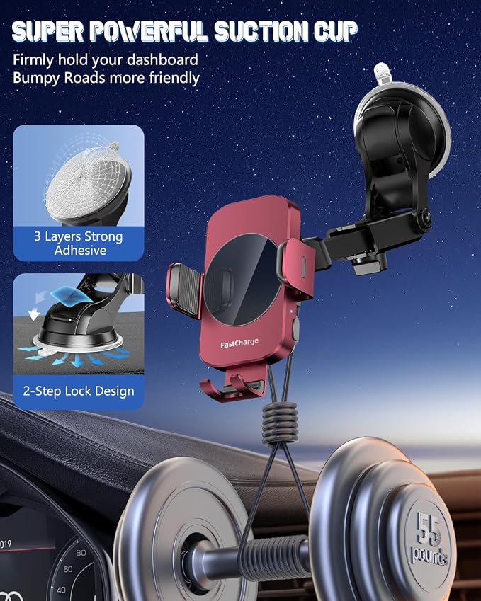 3-in-1 Wireless Car Charger Mount, 15W Fast Charging Auto-Clamping Phone Holder for iPhone 17 16 15 14, Samsung Galaxy S24 S23, Dashboard, Vent & Windshield Car Mount(Deep Red)