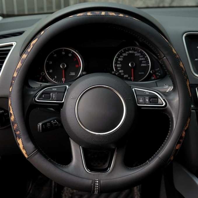 Steering Wheel Cover, Made with Breathable Microfiber Leather and Leopard Fabric, Universal 14.5-15 inchs for Most Automotive Steering Wheel,Cheetah Print, Black